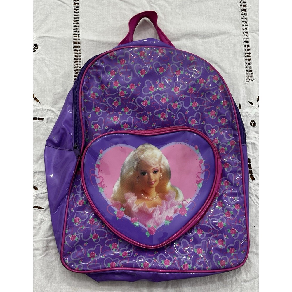 Vintage 90s BARBIE Hearts Roses Plastic Backpack Purple Pink
